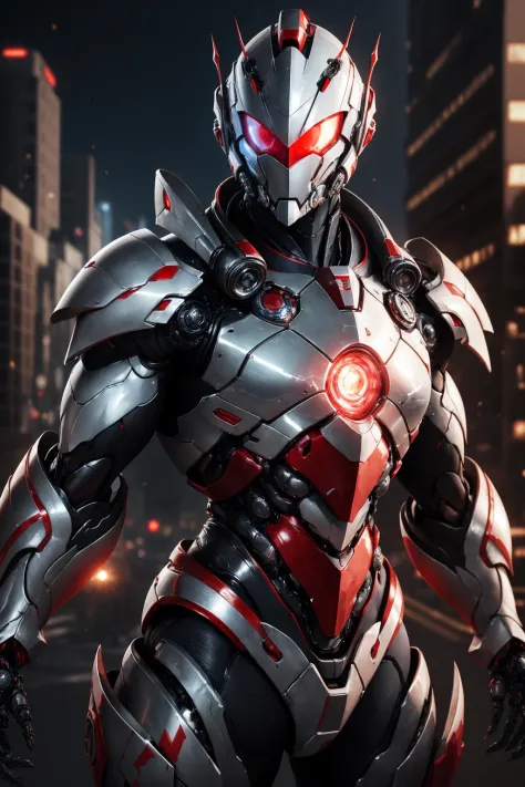 masterpiece, best quality, highres,realistic,upper body,
1boy,Ultraman,MechUltraman, looking at viewer,golden,white, red,power armor,full armor, (translucent:1.4),(stance:1.1),biomechanical,
mini city,metallic reflection, dramatic lighting,3d, super detailed, Octane render, 