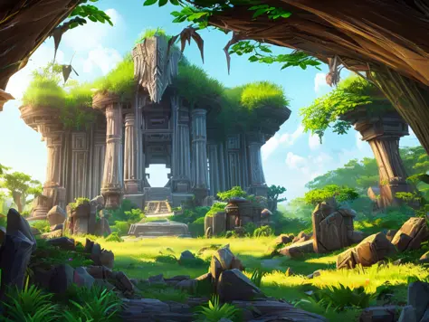 abandoned jungle temple landscape, anime art, tall grass ambience, 8 k resolution, high detailed, trending on artstation, league...