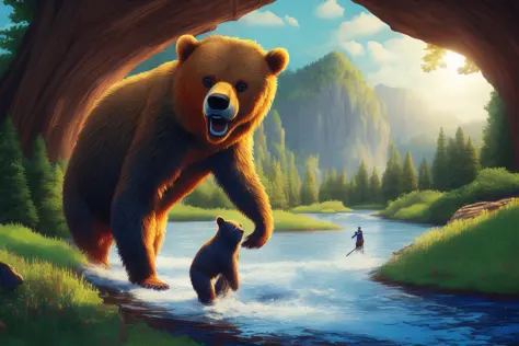 sprawling forested landscape, river cutting through the lands, small waterfall, fish jumping bear  looking off into the distance, dynamic scene, vivid colors