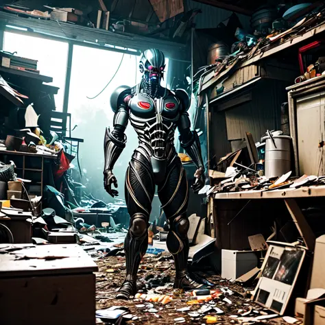 Wide angle Environmental shot of evil Cyborg in a cluttered and messy shack, chaotic shack in background. (vibrant, photo realistic, realistic, dramatic, dark, sharp focus, 8k).