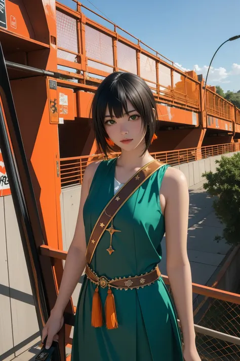 araffe in a green dress standing on a bridge