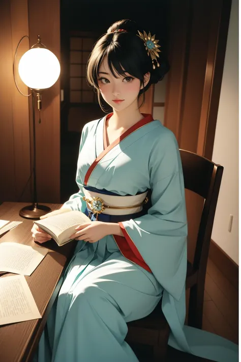 a woman in a blue kimono sitting at a table reading a book