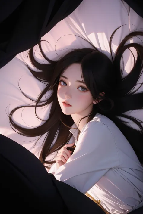 anime girl with long black hair laying on a bed under a white sheet