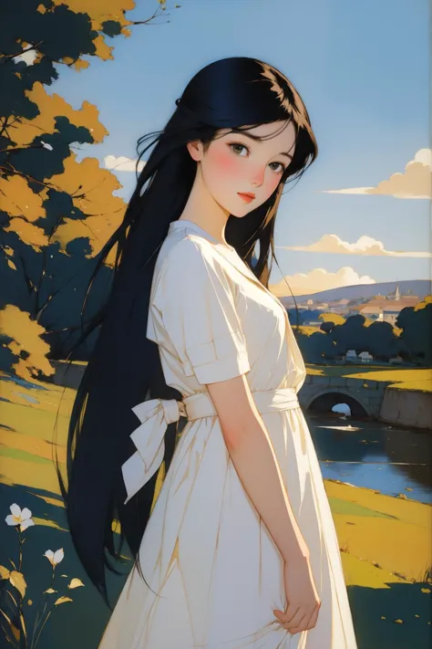 a painting of a woman with long black hair standing in a field