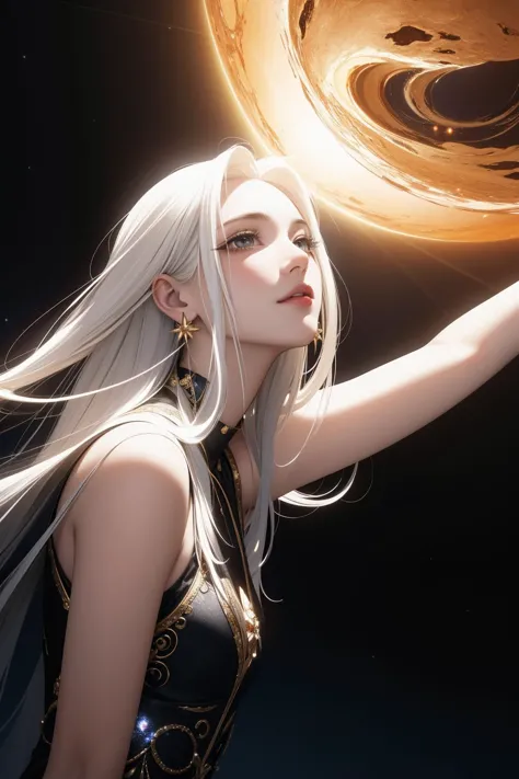 a woman with long white hair holding a golden ball