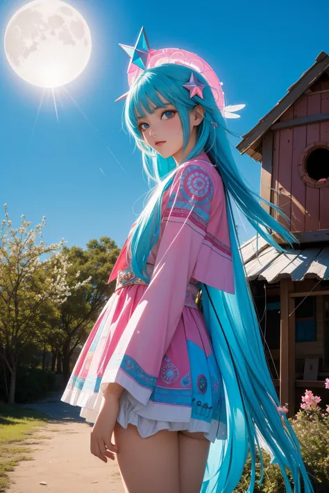 a woman with long blue hair and a pink top is posing in front of a house