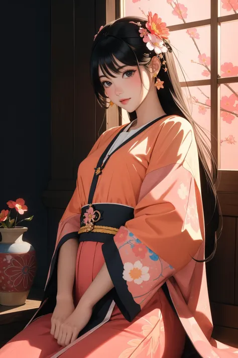 a woman in a kimono sitting on a window sill