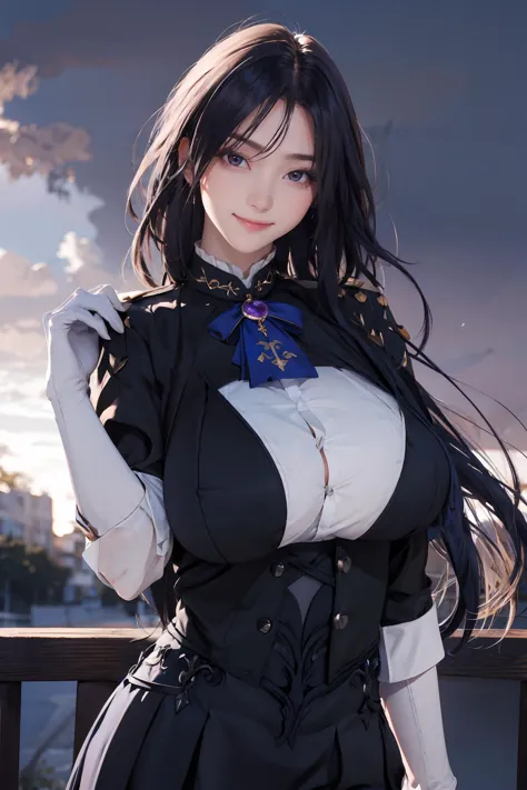 (masterpiece:1.3),(best quality:1.1),1girl,high quality,highres,absurdres,textless version,long hair,gigantic breasts,bangs,<lora:HashimotoKanna:0.15>,skindentation,cowboy shot,sagging breasts,night,outdoors,growing_light,moody lighting,seductive smile,<lora:clorinde_genshin_impact:0.75>,clorinde_genshin_impact,white gloves,