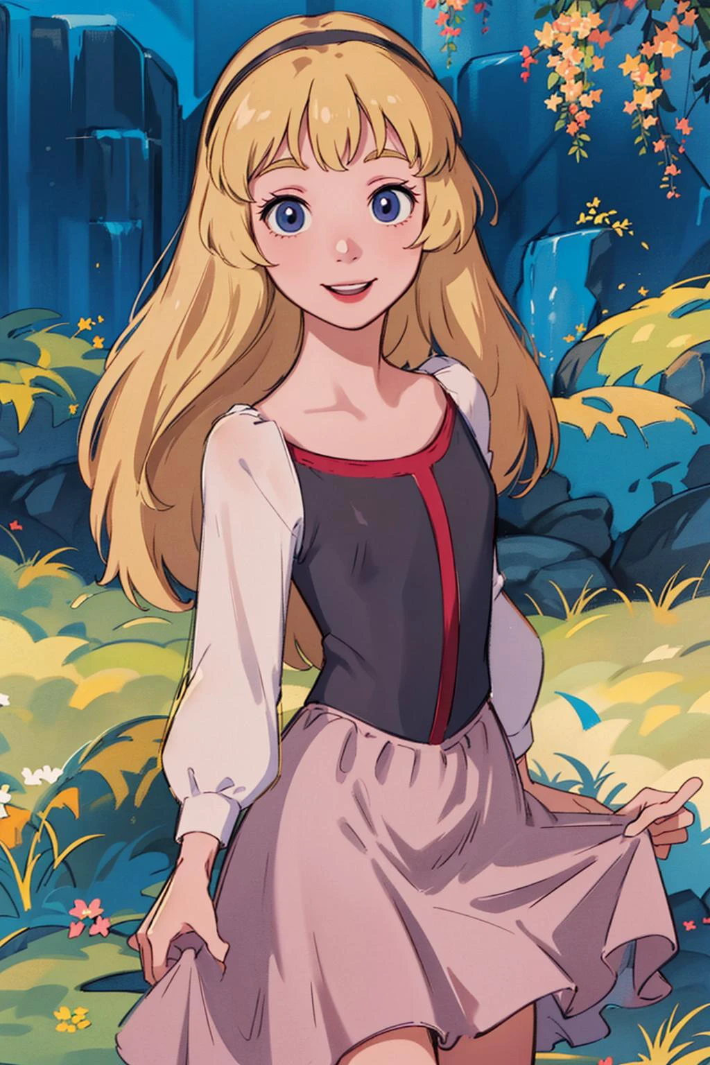 (masterpiece:1.4), (best qualit:1.4), (high resolution:1.4), bodice, long sleeves, princess eilonwy, hairband, skirt, smile, looking at viewer, 