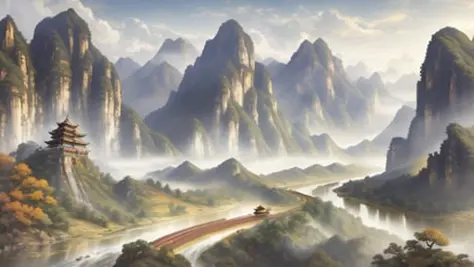 ancient chinese style landscape painting, mountains in front, beautiful winding green river behind, extremely sharp old paper detail, high paper detail, high line detail, high resolution, ultra high quality, raw, 8k image, extremely high color detail, intricate, epic composition, cinematic lighting, masterpiece, bold complimentary colors. stunning masterfully illustrated by artgerm and range chinese style landscape painting, yellow paper color, painted with black and white ink, extremely sharp old paper detail, high paper detail, high line detail, high resolution, ultra high quality, raw, 8k image, extremely high color detail, intricate, epic composition, cinematic lighting, masterpiece, Artstation, Sergey Svistunov, hyperrealistic, thick fog