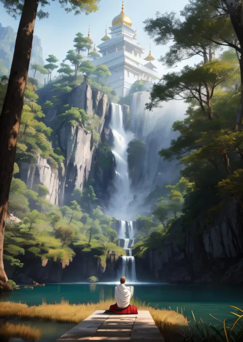 a monk is meditating, wearing a white robe in the temple, the temple is in the forest, raw photo, surreal photo, unreal engine 4...