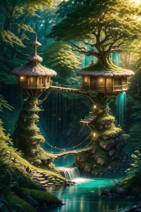 looking at viewer, <lora:add_sharpness:1>,  <lora:WoodElf:1> WoodElf, fantasy settlement, high trees, small tree houses, suspended bridges, forest, waterfall, elf girl, pointy ears, sheer clothing, green hair, long hair, archer, bow, quiver, slender, best quality, masterpiece, <lora:more_details:0.65>, 1girl, solo, sitting, heart pose