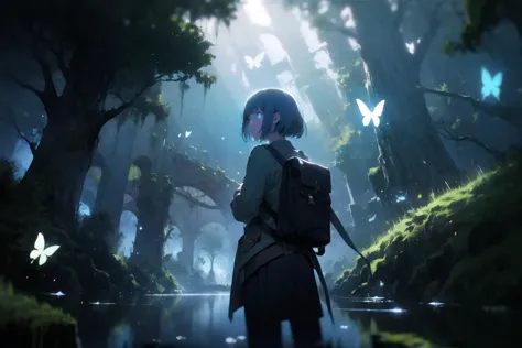 (best quality, ultra detailed, fantastic, beautiful), mysterious, [1girl, adventurer, backpack, pants, short hair :WoodElf, tree houses, bridge:0.45], <lora:WoodElf:0.7>, waterside, (glowing:1.2), butterfly, moss, (dark blue theme), light particles, cinematic light, depth of field,