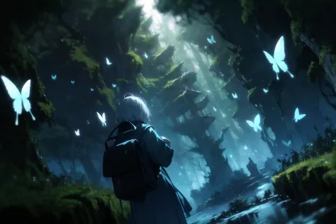 (best quality, ultra detailed, fantastic, beautiful), mysterious, dutch angle, [1girl, adventurer, backpack, short hair :WoodElf, tree houses, bridge, <lora:WoodElf:0.9>:0.6], waterside, (glowing:1.2), butterfly, moss, (dark blue theme), light particles, cinematic light, depth of field,