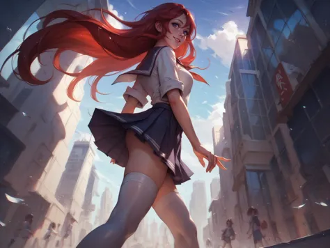 young woman, medium breasts, purple eyes, red hair, long hair, school uniform, white thighhighs, walking, city, looking at viewer, blue sky, cumulonimbus cloud, smiling, solo, side view, from below, <lora:LeagueOfLegendsV2:0.8>, score_9, score_8_up, score_7_up, score_6_up