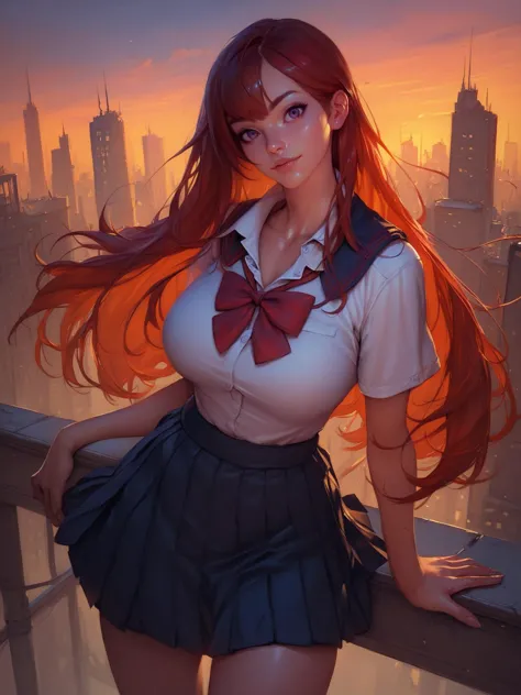 young woman, large breasts, purple eyes, red hair, long hair, school uniform, city, looking at viewer, solo, dusk, orange sky, <lora:LeagueOfLegends-000008:0.8>, score_9, score_8_up, score_7_up, score_6_up