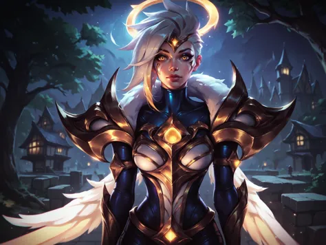 league of legends style, kayle \(league of legends\), 1girl, angel wings, bodysuit, armor, yellow eyes, detailed face, looking at viewer, upper body, cowboy shot, night, village, stone walkway, tree, <lora:LeagueOfLegendsV4:0.8>, score_8_up, score_7_up