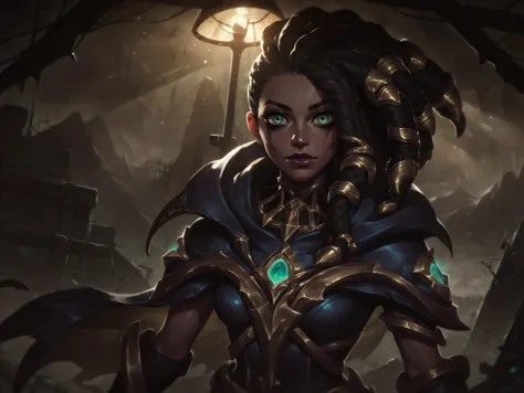 league of legends style, senna \(league of legends\), 1girl, dark-skinned female, dreadlocks, hooded cape, green eyes, solo, looking at viewer, cowboy shot, upper body, lich, necromancer, undead, brightness, light rays, lamp, wasteland, mountain, <lora:LeagueOfLegendsV4:0.8>, score_8_up, score_7_up