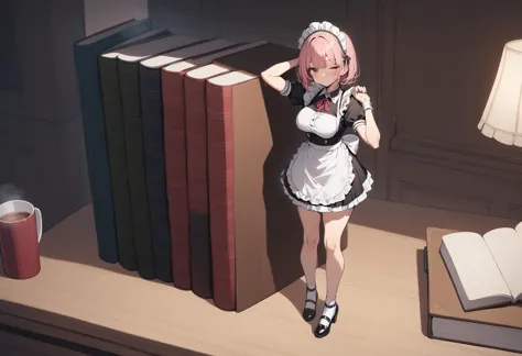 anime character standing in front of a book shelf with a lamp