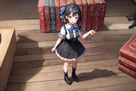 anime - style girl in a maid outfit standing on a wooden floor