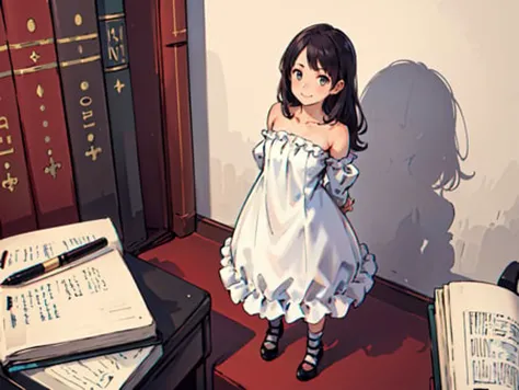 anime girl in white dress standing on a red platform next to books