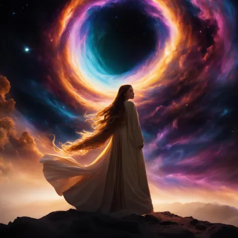 a woman standing on a hill looking at a spiral of light