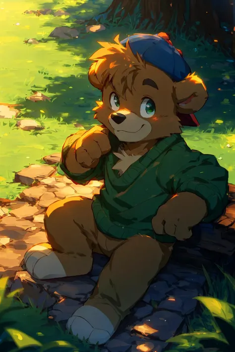 (((AS-YoungestV2 Positive prompt at strength of 1.0 to 1.3. Toddler or Baby:1))), masterpiece,best quality,detailed background,hi res, on e621,
(by canyne khai),by rossciaco,by takemoto arashi,
outside,park,day,sunlight,bright,shining,shine,glowing particles,grass,plants
(((Ursid, bear:1.6, (kitcloudkicker:1.5), dark-brown fur))), (((cub, young, small body:1.6, Child:1.6)))
(dark-brown fur, dark-brown body,dark-brown hair,short hair,spiky hair,brown eyebrows:1.3),looking at viewer,smug,smirk,
detailed eyes,beautiful green eyes,humanoid hands,5 finger,
((green sweater, blue cap,bare-bottomed,bare legs)),
<lora:Light and Shadow:0.8>, <lora:epiNoiseoffset_v2-pynoise:1>, <lora:Depth:0.3>, <lora:MoreDetails:0.2>, <lora:BeautifulAnimeEyes:0.9>, <lora:KitCloudkicker, Green Sweater, Blue Cap:0.7>