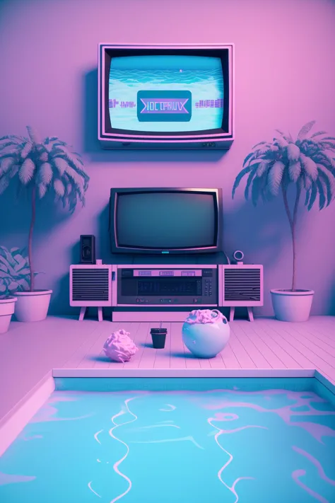 a pool with a tv set and a table , vaporwave, c4d , unreal engine 5 ,