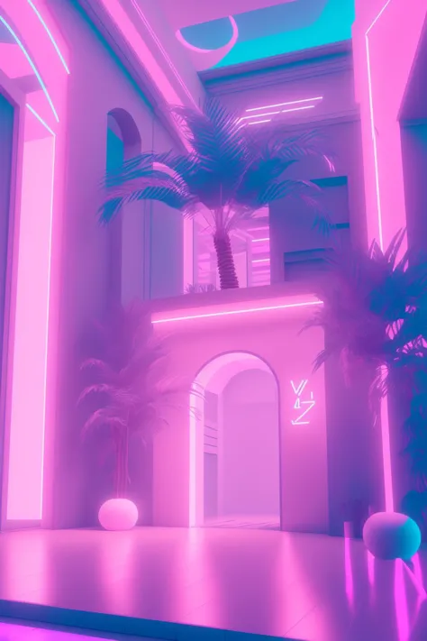 a room with a palm tree and a pink light , vaporwave, c4d , unreal engine 5 ,