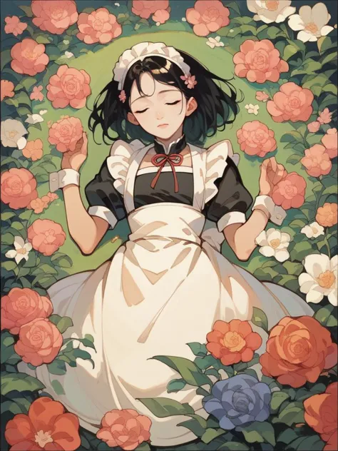 a picture taken from a picture of a woman in a maid outfit surrounded by flowers