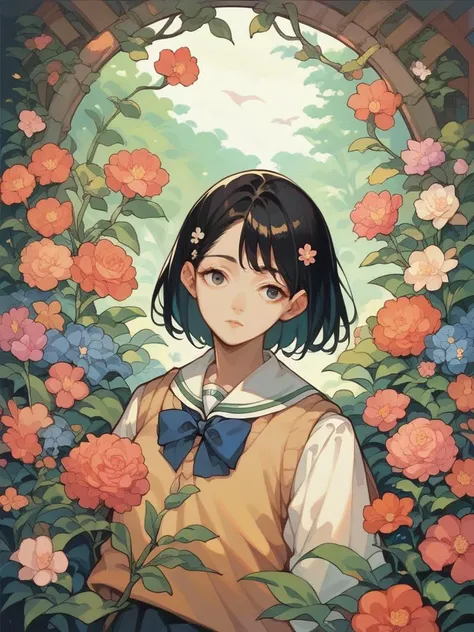 a girl in a school uniform standing in front of flowers