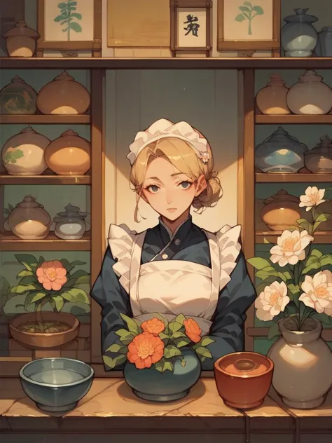 anime girl in a tea shop with flowers and pots