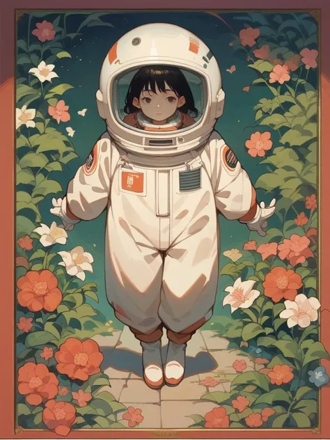 a close up of a person in a space suit standing in a field of flowers