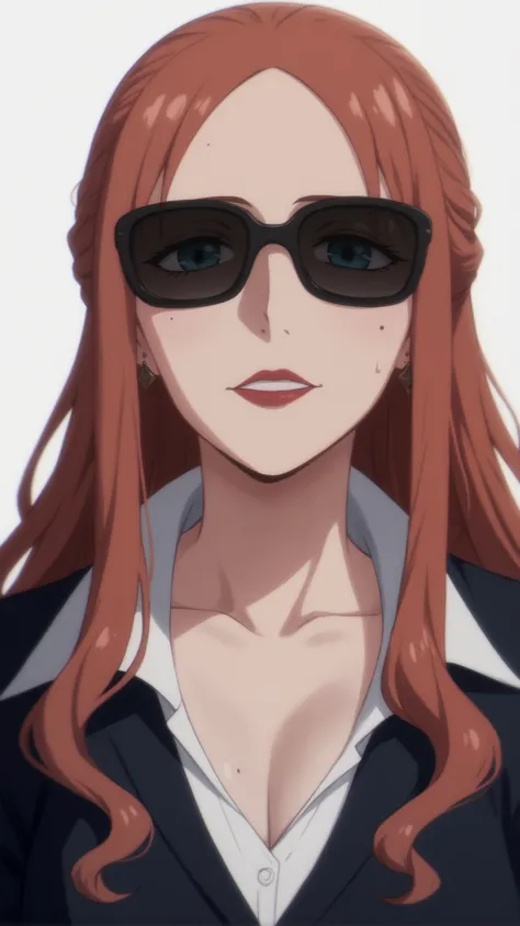 a woman with red hair and sunglasses is staring at the camera