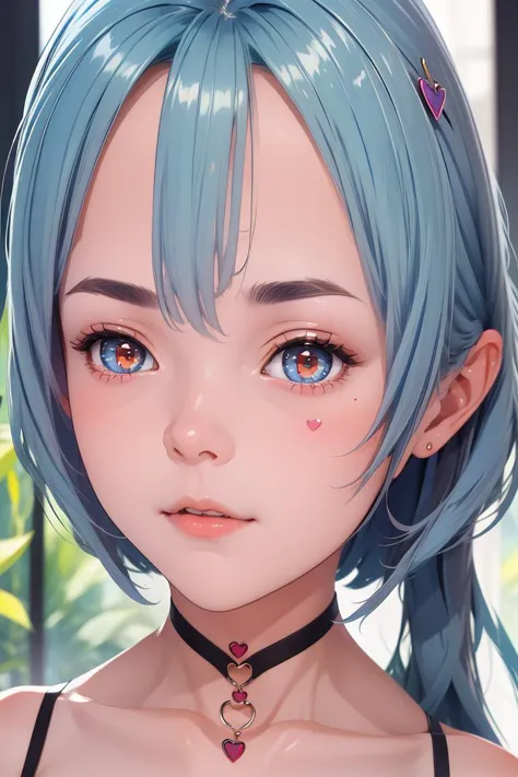 a woman with blue hair and a choker is looking at the camera