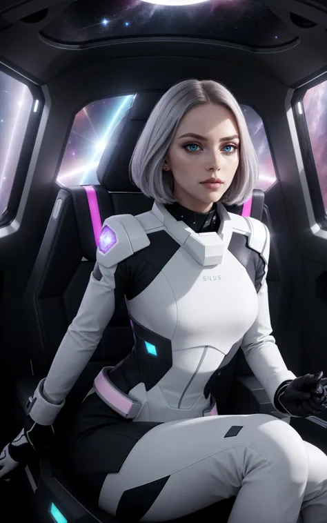 a woman in a futuristic suit sitting in a car