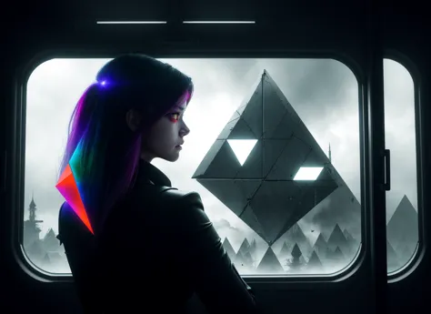 three cornered window, back of head shot of (woman looking out of triangle window:1.1), 3rd person, Looking out the triangular window of a (train:1.1) with triangular windows, triangular windows and triangular, wheels,  in a fantasy world, 
psychedelic, geometric, vivid light, high contrast, triadic colors, dark shadows,  explosions, nuclear mushroom cloud, nuclear explosion, dystopian nightmare, 
(beautiful composition),
21 yo woman,