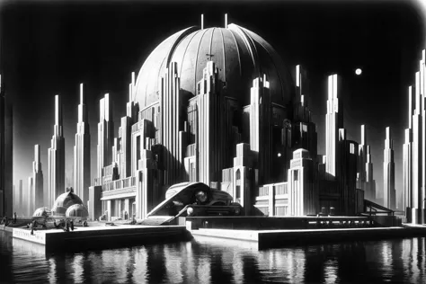 moonbase, dome, <lora:Metropolis_Movie_Style_SD1.5:0.66> mad-ropolis-movie, expressionist, art deco, 1920s, black and white
