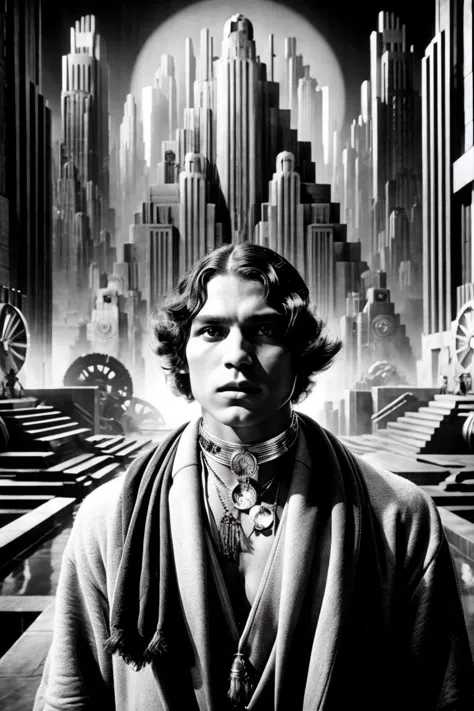portrait of a native american man, <lora:Metropolis_Movie_Style_SD1.5:0.8> mad-ropolis-movie, black and white, expressionist, ar...