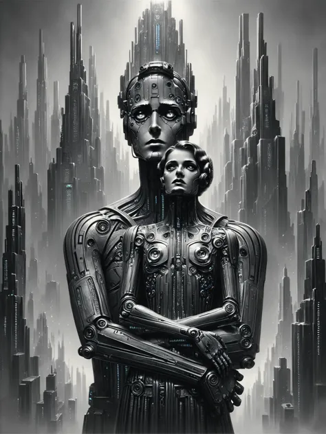 score_9, score_8_up, score_7_up, two androids embracing,  futuristic, stylized, art deco, expressionist, 1920s, black and white ...