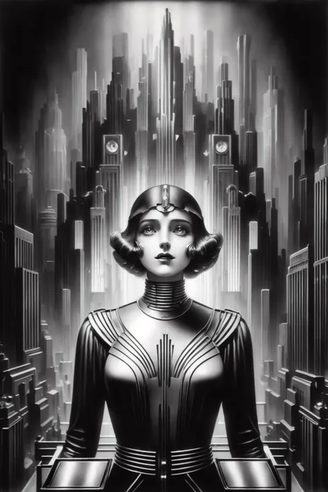 mad-ropolis-movie,android,futuristic,stylized,art deco,expressionist,1920s,black and white,(masterpiece:1.2),best quality,<lora:Metropolis_Movie_Style_SD1.5:0.8>,