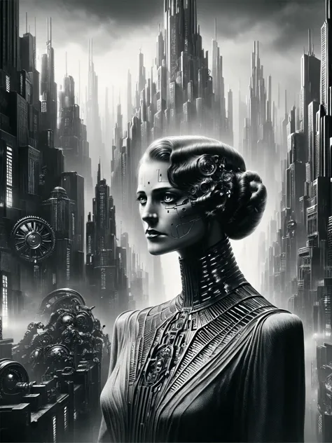 arafed image of a woman in a futuristic city with a clock