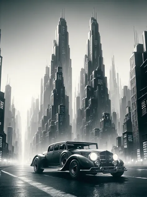 score_9, score_8_up, score_7_up, car driving through city,  futuristic, stylized, art deco, expressionist, 1920s, black and whit...