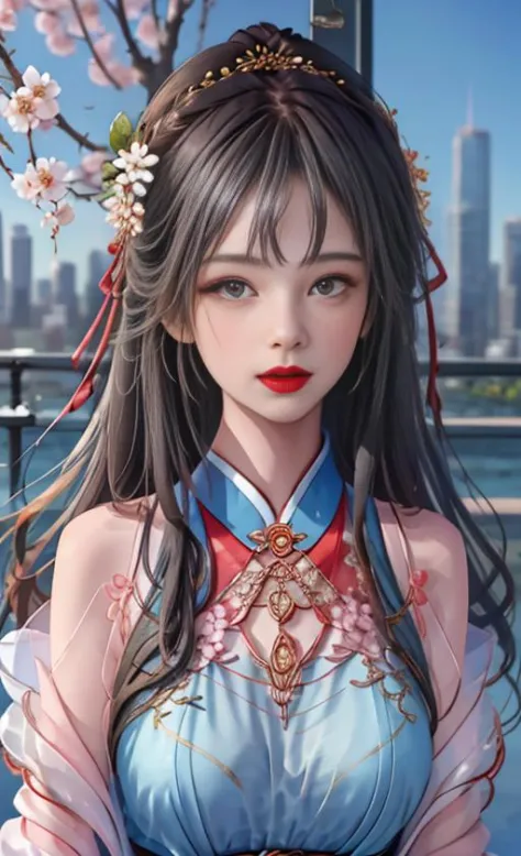 masterpiece, best quality,(1girl:1.5),,(Delicate face:1.2),blurry, blurry_foreground, depth_of_field, blurry_background, 1girl, branch, flower, solo, long_hair, upper_body, looking_at_viewer, red_lips, bangs, spring_\(season\), lips, tree, motion_blur, hai...