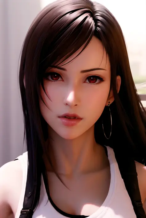 ff7r style, 

1girl, solo, long hair, earrings, jewelry, red eyes, black hair, looking at viewer, realistic, blurry, parted lips...