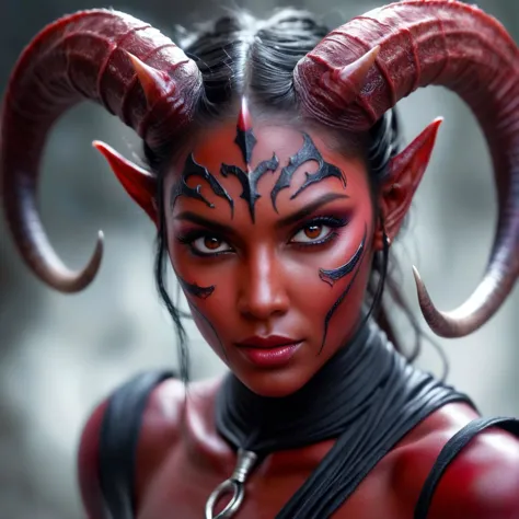 Long exposure photo of a tiefling_demon_woman, 20 years old, closeup, awardwinning, amazing details, best quality, ((red skin color)) . Blurred motion, streaks of light, surreal, dreamy, ghosting effect, highly detailed