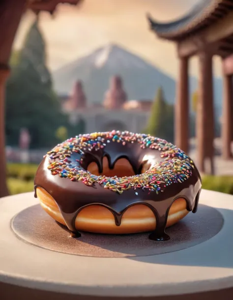 there is a chocolate frosted donut with sprinkles on a plate