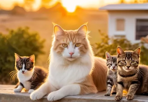 three cats sitting on a ledge with the sun setting in the background