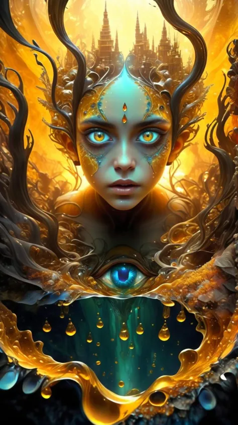 fracolor  In the depths of the amber, a dark and mysterious world unfolds, where a surreal death girl with eyes of liquid gold w...