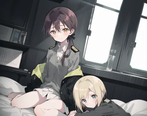 erica, gertrud, 2girls, multiple girls, black jacket, cinematic angle, sitting on bed 
 grey jacket, closed mouth, collared shir...